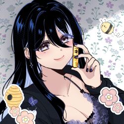  bee beehive black_hair black_jacket black_nails blue_bra blue_hair bra breasts bug cleavage closed_mouth collarbone colored_inner_hair commentary cross cross_earrings double-parted_bangs ear_piercing earrings english_commentary female fingernails floral_background grey_eyes hair_between_eyes hand_up highres holding jacket jewelry large_breasts long_hair long_sleeves looking_at_viewer multicolored_hair nail_polish original piercing ryuuxin sadie_(ryuuxin) smile solo streaked_hair underwear upper_body 