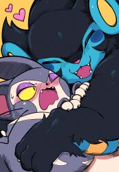  2025 3_toes ambiguous/ambiguous ambiguous_feral ambiguous_gender black_body black_claws black_fur black_nose blue_body blue_ears blue_fur blush blush_lines claws closed_eyes colored digital_media_(artwork) digital_painting_(artwork) duo fangs feet felid feline feral feral_on_feral flustered fur generation_4_pokemon grey_body grey_fur heart_symbol hearts_around_head hi_res hug kemono looking_at_another luxray mammal multicolored_body multicolored_fur nintendo nuzzling one_eye_closed open_mouth open_smile painting_(artwork) pink_inner_ear pink_nose pink_tongue pokemon pokemon_(species) powerandy purugly shaded simple_background simple_shading smile teeth toe_claws toes tongue two_tone_body two_tone_fur whiskers white_body white_claws white_fur yellow_background yellow_eyes yellow_inner_ear 