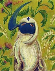  2025 absol ambiguous_gender feral floral_background flower fur generation_3_pokemon gyuragyura horn looking_at_viewer low-angle_view nintendo plant pokemon pokemon_(species) red_eyes signature solo white_body white_fur 