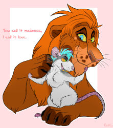  anthro black_claws blue_eyes brown_nose claws closed_smile deviantart deviantart_logo duo facial_spots featureless_crotch felid feral freckled_face freckles fur glistening glistening_eyes green_eyes grey_body grey_fur heterochromia kodaac lion male male_anthro male_feral mammal mouth_closed murid murine narrowed_eyes nude orange_body orange_fur pantherine pink_nose rat rodent smile spotted_face teeth watermark whiskers white_body white_fur yellow_teeth 