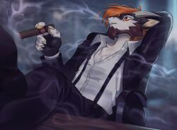  2025 5_fingers anthro biped bottomwear claws clothed clothed_anthro clothed_male clothing digital_drawing_(artwork) digital_media_(artwork) dragon finger_claws fingers footwear front_view fully_clothed fully_clothed_anthro fully_clothed_male fur hair hi_res hoen male mythological_creature mythological_scalie mythology orange_eyes orange_hair pants scalie shirt shoes sitting solo tlt_echelon topwear 