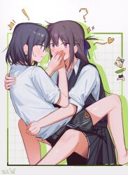  ! 2girls ? animal_ears barefoot black_hair black_shorts blue_skirt blush braid chibi commentary_request haidao_mao hair_between_eyes half_up_braid heart highres hug long_hair medium_hair miyagi_shiori multiple_girls on_lap purple_eyes rejected_kiss school_uniform sendai_hazuki shirt shorts shuuniichido_classmate_wo_kau_hanashi sidelocks sitting skirt white_shirt yuri 
