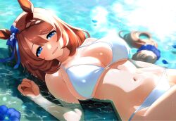  :d animal_ears bikini blue_bow blue_eyes bow braid breasts brown_hair commentary ear_bow female flower hair_between_eyes hair_ornament hair_scrunchie highres horse_ears horse_girl large_breasts long_hair looking_at_viewer low-tied_long_hair lying multicolored_hair narumi_yuzurai navel on_back open_mouth partially_submerged petals scrunchie smile solo stomach super_creek_(umamusume) swimsuit two-tone_hair umamusume very_long_hair water white_bikini white_hair 