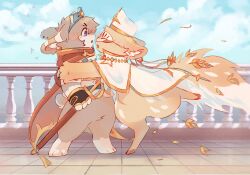  anthro asian_mythology blush blush_lines brown_body brown_fur cape chess chinese_mythology clothed clothing deer digital_drawing_(artwork) digital_media_(artwork) digitigrade duo ear_piercing east_asian_mythology fabulous_beasts featureless_crotch fur glomp gold_(metal) gold_jewelry hat headgear headwear hi_res hooves inner_ear_fluff jewelry lagomorph leporid male male/male mammal markings mask melee_weapon mythology outside partially_clothed piercing rabbit running sabiksphinx scabbard sibuxiang_the_deer_(fabulous_beasts) standing sword tail tail_markings tan_body tan_fur tuft tuye_(fabulous_beasts) weapon white_body white_fur 