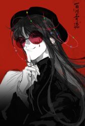  1boy baicumikuo beads black_eyes black_hair black_hat black_shirt blood blood_on_eyewear chinese_commentary colored_skin finger_to_mouth grin hat hat_chain highres huai_yunqing long_hair long_sleeves looking_at_viewer male_focus parted_bangs red-tinted_eyewear red_background round_eyewear shirt sideways_glance simple_background smile solo tinted_eyewear touqi_guaitan upper_body white_skin 