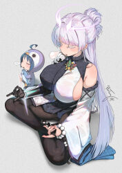  2girls ahoge animal animal_costume armpit_crease asymmetrical_clothes asymmetrical_dress bare_shoulders bead_bracelet beads black_bridal_gauntlets black_dress black_pantyhose blue_hair blue_haori bosstseng bracelet breasts bridal_gauntlets butterfly_earrings butterfly_ornament closed_eyes colored_eyelashes commentary detached_sleeves double_fox_shadow_puppet dress drooling earrings fish fox_shadow_puppet goddess_of_victory:_nikke grey_background grey_hair hair_bun half_updo halo haori highres holding holding_animal holding_fish japanese_clothes jewelry large_breasts long_hair mechanical_arms mechanical_halo mechanical_hands meditation multiple_girls natsuki_(bosstseng) nayuta_(nikke) nose_bubble original pantyhose parted_lips penguin_costume plant_print print_dress print_haori prosthesis prosthetic_hand saliva sideboob signature simple_background single_mechanical_arm single_mechanical_hand sleeping split-color_clothes turtleneck turtleneck_dress two-tone_dress very_long_hair white_dress white_eyelashes 