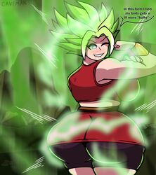  1girls blue_eyes caveman147 dragon_ball dragon_ball_super english english_text female female_saiyan green_hair green_hair_female huge_ass huge_breasts kale kale_(berserker) legendary_super_saiyan looking_at_viewer looking_back saiyan solo solo_focus super_saiyan super_saiyan_2 text tight_clothing 