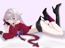  absurdres aquamarine725 ass black_gloves black_shorts breasts commentary_request female gloves high_heels highres honkai_(series) honkai_impact_3rd lace_pantyhose_hooked_on_heel_(meme) long_hair looking_at_viewer lying medium_breasts meme micro_shorts on_stomach purple_eyes red_shirt shirt shorts simple_background solo thelema_nutriscu thelema_nutriscu_(mad_pleasure:_shadowbringer) thighs tongue tongue_out white_background white_hair 