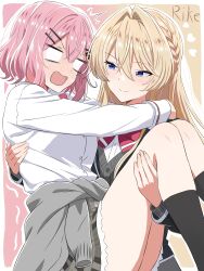  2girls absurdres amaori_renako artist_name black_jacket black_socks blank_eyes blonde_hair blush border bow bowtie braid cardigan cardigan_around_waist carrying carrying_person chinese_commentary closed_mouth clothes_around_waist commentary_request crossed_bangs double-parted_bangs gradient_background grey_cardigan grey_skirt hair_between_eyes hair_ornament hairclip highres jacket kneehighs layered_sleeves lei_ke long_bangs long_hair long_sleeves miniskirt multiple_girls nose_blush open_clothes open_jacket open_mouth out-of-frame_censoring outline outside_border ouzuka_mai parallel_hairclips pink_hair plaid_clothes plaid_skirt princess_carry red_bow red_bowtie school_uniform shirt short_hair side_braid skirt small_sweatdrop smile socks split_mouth watashi_ga_koibito_ni_nareru_wake_naijan_murimuri! white_border white_outline white_shirt yuri 