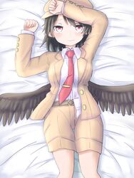  belt bird_wings black_hair black_wings blush brown_belt brown_hat brown_jacket brown_shorts buttons cabbie_hat closed_mouth commentary_request dadamori feathered_wings female flat_cap hat jacket long_sleeves lying necktie on_back pointy_ears red_eyes red_necktie shameimaru_aya shameimaru_aya_(newsboy) shirt shorts solo suit_jacket sweatdrop tie_clip touhou white_shirt wings 