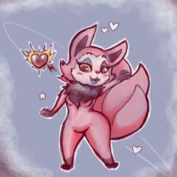  1:1 2018 anthro asian_mythology blue_tongue breasts canid canine east_asian_mythology featureless_crotch female fox fox_spirit fur gesture heart_symbol hi_res korean korean_mythology kumiho mammal multi_tail mythological_canine mythological_creature mythological_fox mythology neck_tuft nude pink_body pink_fur ramdoctor red_eyes simple_background solo tail telemonster tongue tuft waving yellow_sclera yossi 