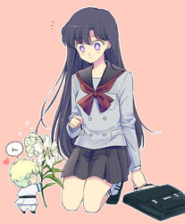  1boy bad_id bad_pixiv_id bag bishoujo_senshi_sailor_moon bishoujo_senshi_sailor_moon_(first_season) black_hair briefcase chibi female flower heart hino_rei jadeite_(sailor_moon) kneeling long_hair mini_person miniboy miniskirt outline pleated_skirt purple_eyes saki_(hxaxcxk) school_bag school_briefcase school_uniform serafuku skirt sparkle ta_girls_school_uniform 