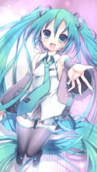  aqua_eyes aqua_hair boots commentary_request detached_sleeves female hatsune_miku headset highres long_hair looking_at_viewer necktie open_mouth outstretched_arm ro_(igris-geo) skirt solo thigh_boots thighhighs twintails very_long_hair vocaloid 