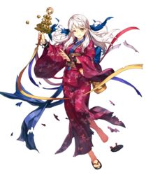  animal animal_in_clothes animal_print barefoot bell bird bridal_gauntlets bug butterfly butterfly_print chyko clenched_teeth female fire_emblem fire_emblem:_radiant_dawn fire_emblem_heroes full_body highres holding japanese_clothes jingle_bell kagura_suzu kimono long_hair looking_away micaiah_(fire_emblem) micaiah_(hoshidan_summer)_(fire_emblem) non-web_source obi official_alternate_costume official_art one_eye_closed parted_lips sandals sash shoes single_shoe solo teeth torn_clothes transparent_background white_hair wide_sleeves yellow_eyes yukata yune_(fire_emblem) 