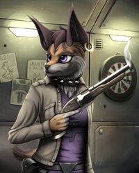  2018 4:5 5_fingers absurd_res angry anthro breasts choker claws clothed clothing cute_fangs dart detailed_background digital_media_(artwork) ear_piercing felid female finger_claws fingers gun handgun hi_res jewelry looking_at_another mammal mdigamma1 miyu_(star_fox) necklace nintendo piercing purple_eyes ranged_weapon sawed-off_shotgun shotgun signature smoke solo star_fox weapon 