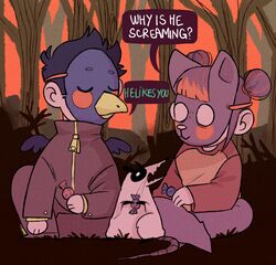  2017 :3 alternate_species american_opossum animated beak blush blush_stickers branch candy closed_eyes clothing daww dessert eyebrows female feral food forest germ_warfare_(nitw) grass hair hi_res human humanized jacket mae_borowski male mammal marsupial mask night_in_the_woods plant red_hair shirt short_playtime sitting string sunset threehairs_(artist) topwear trash_king_rabies tree wings wrapper 