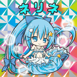  bare_arms bare_shoulders bikini bikini_top_only bikkuriman bikkuriman_(style) blue_bikini blue_bow blue_eyes blue_hair blush bow character_name chibi closed_mouth colorful commentary_request female flower_knight_girl full_body hair_ornament hairbow hairclip high_ponytail hologram iridescent long_hair looking_at_viewer mermaid monster_girl multicolored_background navel nerine_(flower_knight_girl) parody photoshop_(medium) ponytail ri-net shell_hair_ornament sidelocks smile solo star_(symbol) star_hair_ornament sticker style_parody swimsuit translated very_long_hair 