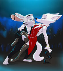  2018 akiric anthro arctic_fox arm_around_shoulders arm_support arms_bent barefoot bent_leg blue_eyes bracelet breasts canid canine clothed clothing crowd dancing disney dress duo_focus ear_markings evening_gown extended_arm eye_contact facial_markings feet female fox fur fur_markings group half-closed_eyes hand_on_another&#039;s_shoulder hand_on_back hand_on_leg hand_on_shoulder hand_on_side hand_on_thigh hand_on_torso hand_under_leg head_markings jack_savage jewelry lagomorph leg_grab legwear leporid looking_at_another male mammal markings narrowed_eyes nipple_outline on_one_leg outstretched_arm rabbit raised_leg raised_leg_grab shoulder_grab side_boob side_grab silhouette skye_(zootopia) standing stockings straight_leg suit thigh_grab torso_grab true_fox wide_stance zootopia 