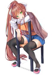  artist_name black_thighhighs blue_skirt blush bow brown_hair chair commentary_request doki_doki_literature_club female green_eyes hair_ribbon hairbow highres long_hair looking_at_viewer monika_(doki_doki_literature_club) mouth_hold pen ponytail ribbon school_uniform sidelocks sitting sitting_backwards skirt smile solo thighhighs very_long_hair white_bow white_ribbon xhunzei 