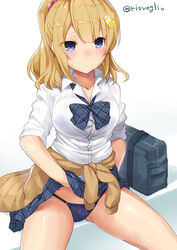  astoria_(azur_lane) astoria_(pure_&quot;gurl?&quot;)_(azur_lane) azur_lane bag blue_bow blue_bowtie blue_eyes blue_panties blue_skirt blush bow bowtie breasts brown_hair brown_sweater closed_mouth clothes_around_waist clothes_lift collarbone collared_shirt commentary_request dress_shirt eyes_visible_through_hair female floral_print gyaru hair_between_eyes hair_ornament hair_scrunchie heart heart_hair_ornament kogal lifting_own_clothes long_sleeves looking_away loose_bowtie medium_breasts medium_hair official_alternate_costume panties photoshop_(medium) pink_scrunchie plaid plaid_bow plaid_skirt ponytail print_panties school_bag scrunchie shiny_skin shirt sidelocks simple_background sitting skirt skirt_lift sleeves_pushed_up solo sweatdrop sweater sweater_around_waist torimaru twitter_username underwear upskirt white_background white_shirt wing_collar 