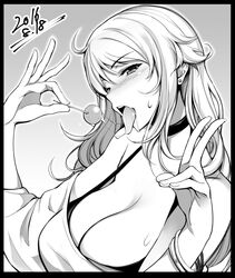  bare_shoulders blush breasts candy choker cleavage commentary_request dated female food greyscale huge_breasts lollipop long_hair looking_at_viewer monochrome off_shoulder original saliva saliva_trail sexually_suggestive solo sweatdrop teeth tongue tongue_out v warabino_matsuri 