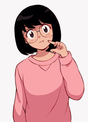  aragon_honnin bad_id bad_tumblr_id black_hair female freckles glasses head_tilt long_sleeves looking_at_viewer original pink_shirt poking_self shirt short_hair simple_background solo upper_body white_background 