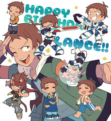  1boy ;d =_= animal_ears bandana blue_eyes bodysuit brown_hair cat_ears cat_tail commentary_request dark-skinned_male dark_skin grin gun hand_on_own_chin happy_birthday jacket lance_(voltron) male_focus male_swimwear miyata_(lhr) multiple_persona one_eye_closed open_mouth pajamas slippers smile sparkle star_(symbol) stroking_own_chin swim_trunks sword tail uniform v-shaped_eyebrows voltron:_legendary_defender voltron_(series) weapon 