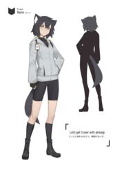  animal_ears black_hair black_legwear bodysuit cat_ears cat_tail character_name closed_mouth commentary_request deel_(rkeg) english_text female fingerless_gloves gloves hand_in_pocket highres id_card jacket looking_at_viewer multiple_views original ramn short_hair silhouette socks tail yellow_eyes 