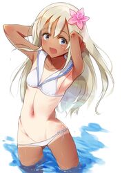  :d armpits arms_behind_head ass_visible_through_thighs bad_id bad_twitter_id bikini blonde_hair blue_eyes blush breasts collarbone contrapposto cosplay cowboy_shot female flower hair_flower hair_ornament inactive_account kantai_collection kuzu_(miduhana) long_hair looking_at_viewer navel one-piece_tan open_mouth ro-500_(kancolle) sailor_bikini sailor_collar side-tie_bikini_bottom small_breasts smile solo standing swimsuit tan tanlines wading water white_background white_bikini z3_max_schultz_(kancolle) z3_max_schultz_(kancolle)_(cosplay) z3_max_schultz_(swimsuit_mode)_(kancolle) 