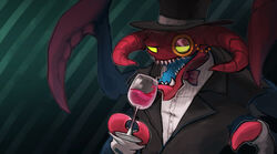  2013 alcohol anthro arthropod artsed beverage black_clothing bow_(feature) bow_tie bust_portrait cho&#039;gath_(lol) clothing colored digital_media_(artwork) eyewear green_background green_eyes hat headgear headwear horn league_of_legends monocle monster open_mouth open_smile pattern_background portrait red_body riot_games shaded sharp_teeth shirt signature simple_background smile solo striped_background teeth tencent toony top_hat topwear void_(disambiguation) void_monster wine 