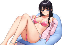  anklet ass bare_legs barefoot bikini black_hair blue_eyes blunt_bangs blush breasts cleavage closed_mouth female highres homunculus_(alchemynote) jacket jewelry long_hair lying medium_breasts on_back open_clothes open_jacket original photoshop_(medium) pink_bikini side-tie_bikini_bottom sidelocks simple_background sleeves_past_wrists solo string_bikini sweat swimsuit white_background 