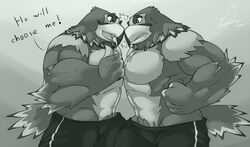  2014 4_fingers accipitrid accipitriform animal_crossing anthro avian beak bird bottomwear clothed clothing digital_media_(artwork) duo eagle english_text eye_contact feathers fingers fist frank_(animal_crossing) frown glare greyscale happyending hulk_(animal_crossing) looking_at_another male male/male manly monochrome nintendo pants serratus signature tail tail_feathers text topless 