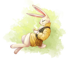  amber_(armello) anthro armello bag barefoot beverage biped closed_eyes clothed clothing container cravat cup feet female fully_clothed fur happy kyla_frank lagomorph league_of_geeks leporid mammal rabbit sitting smile solo tea tea_cup white_body white_fur 