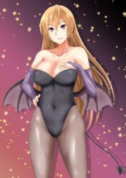  :p alternate_costume bad_id bad_pixiv_id bare_shoulders black_pantyhose blonde_hair blush breasts bridal_gauntlets cleavage collarbone covered_navel cowboy_shot demon_girl demon_tail demon_wings female green_kaminari halloween halloween_costume hand_on_own_chest hand_on_own_hip happy_halloween highleg highleg_leotard highres large_breasts leotard long_hair looking_at_viewer low_wings nakiri_erina pantyhose purple_eyes shokugeki_no_souma solo star_(symbol) starry_background tail tongue tongue_out wings 