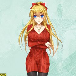  ahoge aran_sweater bad_id bad_pixiv_id between_breasts black_legwear blonde_hair blush bow breasts cable_knit character_request cleavage collarbone commentary_request copyright_name cowboy_shot cross cross_necklace crossed_arms dress female hairbow jewelry large_breasts long_hair looking_away necklace omc red_bow solo sweater sweater_dress yuyuyu_pbw 