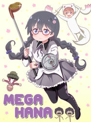  3girls akemi_homura akemi_homura_(cosplay) akemi_homura_(magical_girl) alternate_hairstyle animal_costume anthony_(madoka_magica) bespectacled black_hair blush braid buckler commentary_request cosplay fusion glasses golf_club higero_(wataten) hoshino_hinata hoshino_miyako_(wataten) kyubey_(cosplay) kyuubee long_hair mahou_shoujo_madoka_magica mahou_shoujo_madoka_magica_(anime) multiple_girls oerba_yun_fang open_mouth orange_hair pantyhose purple_eyes samenoido shield shirosaki_hana short_hair siblings soul_gem twin_braids upside-down walpurgisnacht_(madoka_magica) walpurgisnacht_(madoka_magica)_(cosplay) watashi_ni_tenshi_ga_maiorita! 