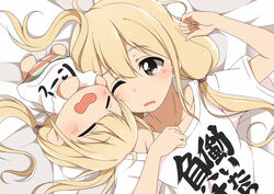  bike_shorts blonde_hair chibi clothes_writing commentary_request female futaba_anzu hitotsuki_nanoka idolmaster idolmaster_cinderella_girls long_hair low_twintails one_eye_closed puchimasu! shirt sleeping striped_bike_shorts striped_clothes t-shirt twintails you_work_you_lose 