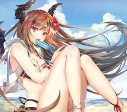  bad_id bad_twitter_id bare_shoulders beach bikini black_wings blue_sky breasts brown_hair cleavage cloud commentary_request dark_angel_olivia day eating fangs female flower food granblue_fantasy hair_flower hair_ornament horns long_hair olivia_(summer)_(granblue_fantasy) outdoors popsicle red_eyes sky solo soraneko_hino swimsuit vest wings 