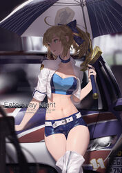  absurdres ahoge alternate_costume arm_support artist_name artoria_pendragon_(fate) bandeau blonde_hair blue_ribbon car commentary_request copyright_name crop_top cropped_jacket dated fate/stay_night fate_(series) female green_eyes hair_ribbon highres leaning_back leaning_on_object looking_to_the_side midriff motor_vehicle navel official_alternate_costume official_alternate_hairstyle ounijang photoshop_(medium) ponytail race_queen ribbon saber_(fate) saber_(type-moon_racing)_(fate) short_shorts shorts solo thigh_gap thighhighs umbrella 