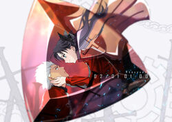  1boy archer_(fate) black_bow black_hair bow chinese_commentary commentary_request dated eye_contact fate/stay_night fate_(series) female floating_hair gears gem green_eyes hairbow hand_on_another&#039;s_cheek hand_on_another&#039;s_face long_hair long_sleeves looking_at_another photoshop_(medium) red_shirt shirt sword tohsaka_rin twintails twitter_username weapon white_hair yaoshi_jun 