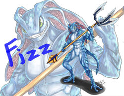  2014 3_fingers 3_toes abs aged_up anthro biceps big_muscles biped blue_body blue_markings blue_scales colored digital_media_(artwork) feet fin fingers fish fizz_(lol) green_eyes hair hi_res holding_object holding_weapon league_of_legends light long_hair long_tail male manly marine markings melee_weapon muscular muscular_anthro muscular_male nalintj nude pecs polearm pseudo_hair riot_games scales scalie serratus shaded shadow simple_background smile solo standing tail teeth tencent tentacle tentacle_hair toes trident weapon white_background white_body white_scales yordle 