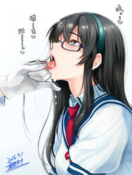  1other ahe_gao ambiguous_gender aqua_eyes aqua_hairband artist_name black_hair blush commentary_request dated female glasses gloves hairband highres kantai_collection long_hair ooyodo_(kancolle) open_mouth saliva school_uniform semi-rimless_eyewear serafuku signature solo_focus sweat tongue tongue_grab tongue_out under-rim_eyewear warabino_matsuri white_gloves 