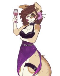  2019 alcohol alpha_channel anthro beverage big_breasts blush breasts brown_hair canid canine canis chest_tuft cleavage_cutout clothed clothing cutout digital_media_(artwork) dimmi_(character) dimwitdog domestic_dog dress ear_tuft eyewear female flower fur glasses green_eyes hair hi_res legwear looking_at_viewer mammal plant simple_background smile solo standing thick_thighs thigh_strap tuft wide_hips wine 