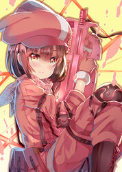  animal_hat arms_up bandana blush boots brown_footwear brown_hair bullet_line bullpup closed_mouth commentary_request cross-laced_footwear female finger_on_trigger fur-trimmed_gloves fur_trim gloves gun hair_between_eyes hat holding holding_gun holding_weapon jacket lace-up_boots llenn_(sao) long_sleeves p-chan_(p90) p90 pants photoshop_(medium) pink_bandana pink_gloves pink_hat pink_jacket pink_pants pink_weapon rabbit_hat red_eyes smile solo submachine_gun sword_art_online sword_art_online_alternative:_gun_gale_online weapon xephonia 