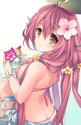  arched_back bare_shoulders bikini blush breasts butt_crack cleavage collarbone commentary_request female granblue_fantasy hair_between_eyes hair_ornament highres large_breasts leaf long_hair looking_at_viewer low_twintails mizuno_sao monster_girl open_mouth pink_bikini pink_hair plant_girl pointy_ears sarong sitting smile solo swimsuit twintails very_long_hair yggdrasil_(granblue_fantasy) 