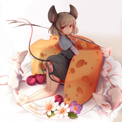  animal_ears ass bare_legs barefoot black_dress capelet cheese commentary dress female food from_behind full_body grey_hair jewelry kneeling kyuri_tizu looking_at_viewer looking_back mini_person minigirl mouse_(animal) mouse_ears mouse_tail nazrin open_mouth pendant photoshop_(medium) red_eyes serious short_dress solo tail thighs touhou 