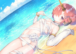  arm_garter bandages beach blue_sky bracelet breasts cloud commentary_request day detached_sleeves fate/grand_order fate_(series) female frankenstein&#039;s_monster_(fate) frankenstein&#039;s_monster_(swimsuit_saber)_(fate) frankenstein&#039;s_monster_(swimsuit_saber)_(third_ascension)_(fate) hair_ornament hair_over_one_eye horns jewelry looking_at_viewer lying mechanical_horns medium_breasts navel ocean on_back outdoors pink_hair purple_eyes short_hair single_detached_sleeve single_horn sky sleeves_past_fingers sleeves_past_wrists solo suzuho_hotaru 