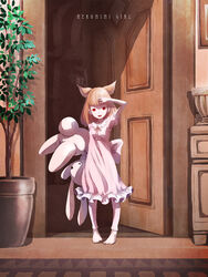  animal_ears bad_id bad_pixiv_id bare_shoulders brown_eyes door dress female flower_pot frilled_skirt frilled_sleeves frills hand_up highres holding holding_stuffed_toy long_hair night_clothes original plant red_eyes satyuas shading_eyes skirt solo stuffed_animal stuffed_rabbit stuffed_toy 