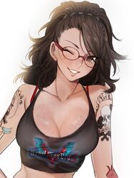  arm_tattoo bad_id bad_twitter_id black_hair body_freckles bra_strap breasts brown_eyes brown_hair camisole cleavage collarbone copyright_name crop_top devil_may_cry_(series) devil_may_cry_5 female freckles glasses grin hair_pulled_back head_tilt highres large_breasts lips long_hair looking_at_viewer messy_hair nico_(devil_may_cry) one_eye_closed red-framed_eyewear scrunchie simple_background smile solo swept_bangs tattoo tusia upper_body white_background 