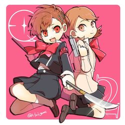  2girls bow brown_eyes brown_hair commentary_request evoker gekkoukan_high_school_uniform looking_at_another multiple_girls naginata persona persona_3 persona_3_portable persona_q2:_new_cinema_labyrinth persona_q_(series) pink_background polearm red_eyes school_uniform shiomi_kotone simple_background skirt smile tokitou_fuji weapon yukari_takeba 